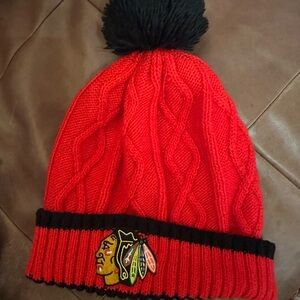 NHL Red and Black Knit Beanie with Pom-Pom